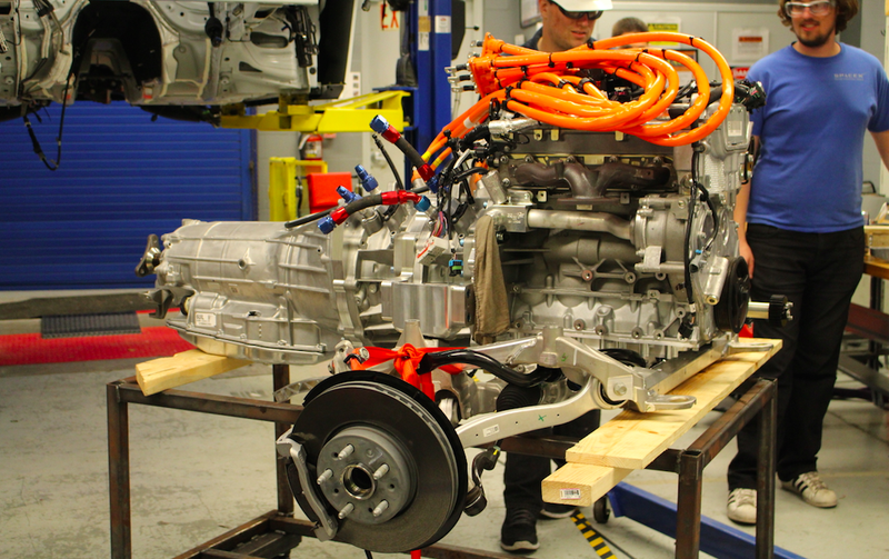 Embry-Riddle’s plug-in hybrid powertrain mates a 2.4-liter E85 inline-four with two 70kW motors and an 8L90 eight-speed automatic transmission. Photo: EcoCar 3.